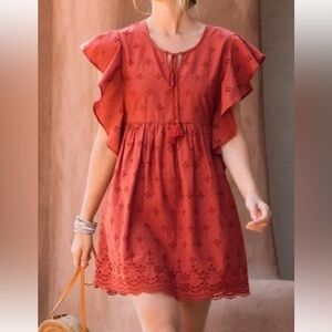 Blue Rain Burnt Orange Eyelet Lined Tassel Tie Babydoll Shift Dress Size XS